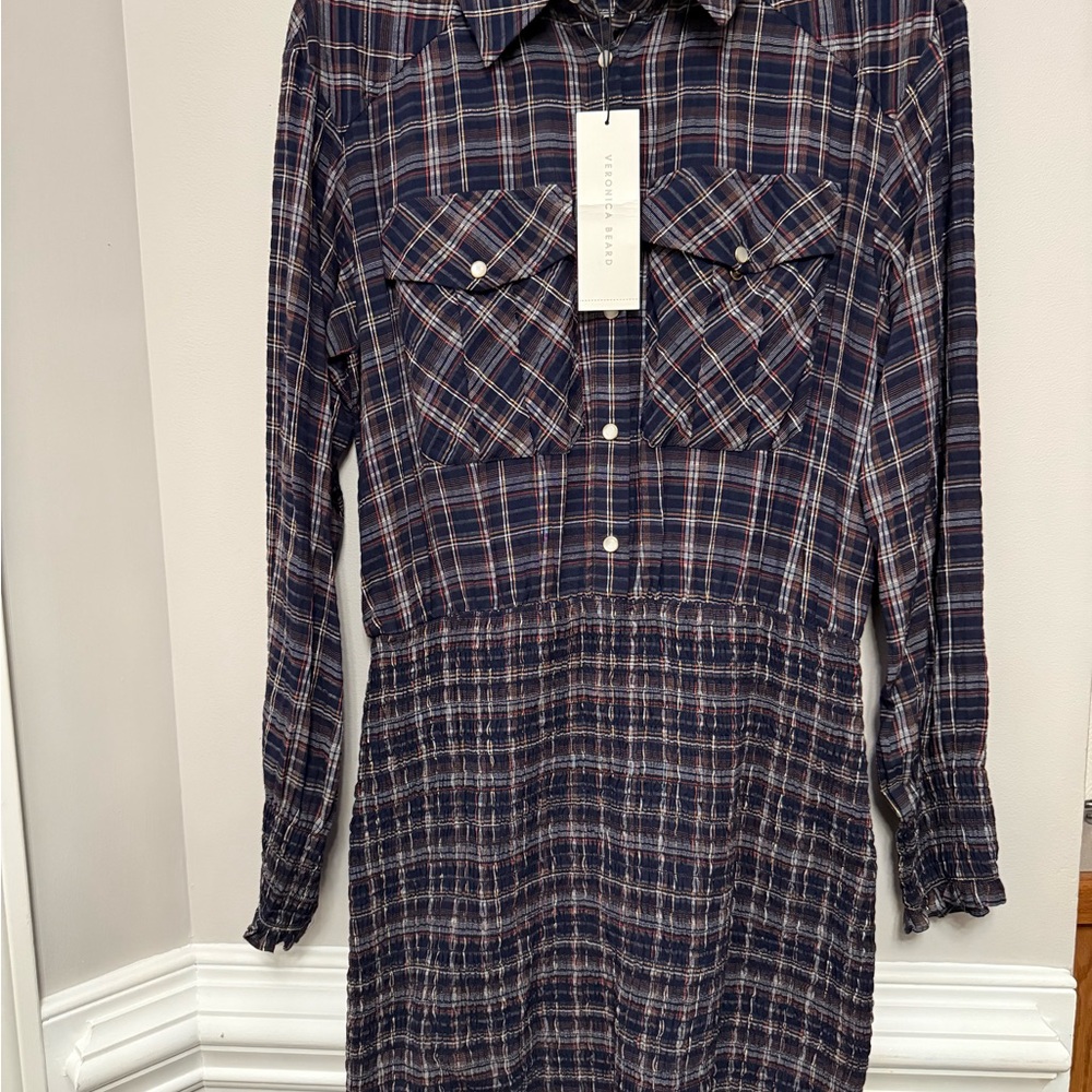 NWT Veronica Beard Melnar Dress Navy Plaid Long Sleeve Size 8